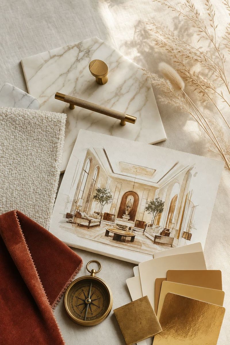 Hospitality design mood board with marble, brass hardware, and a hand painted lobby sketch