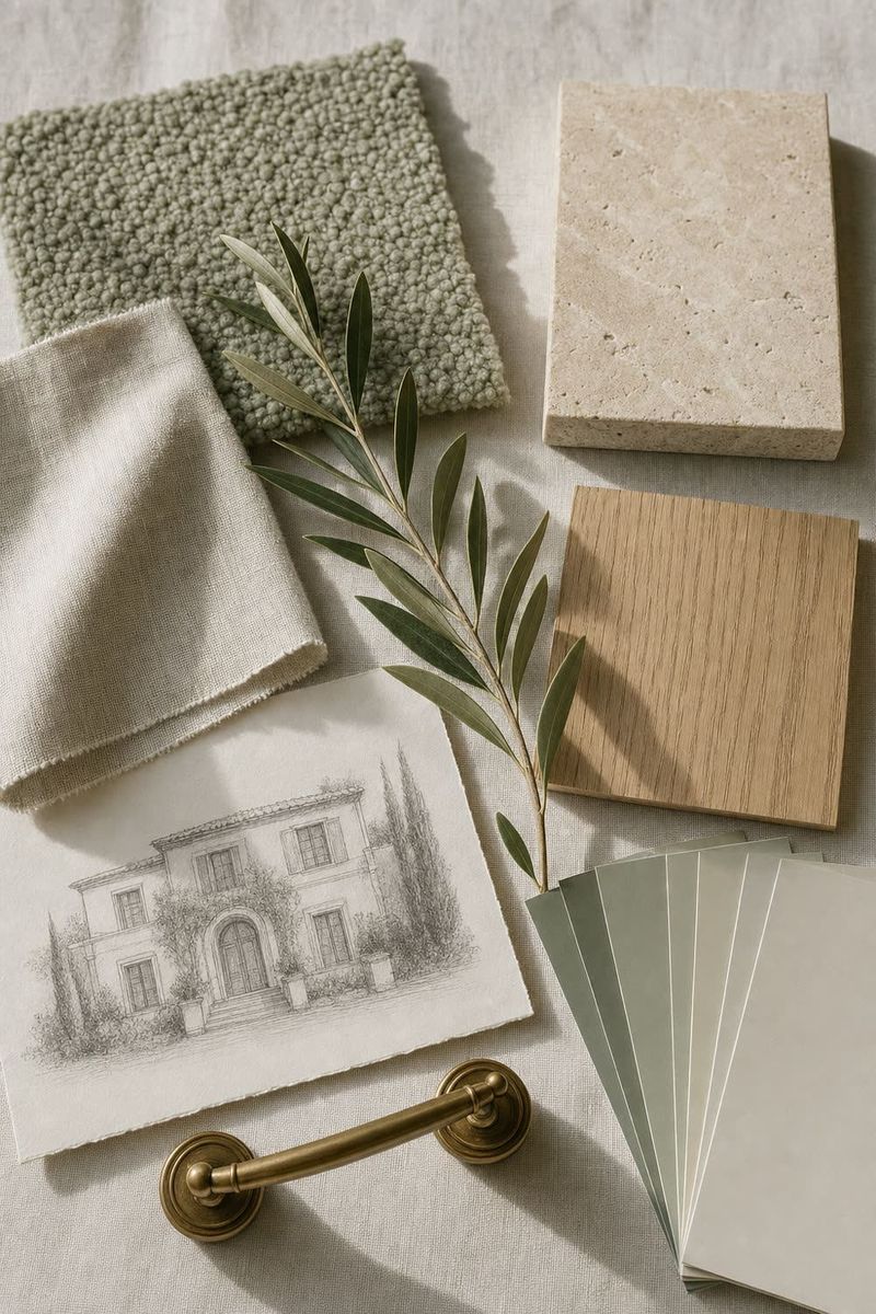 Private residence mood board with linen, travertine, oak, and an architectural sketch