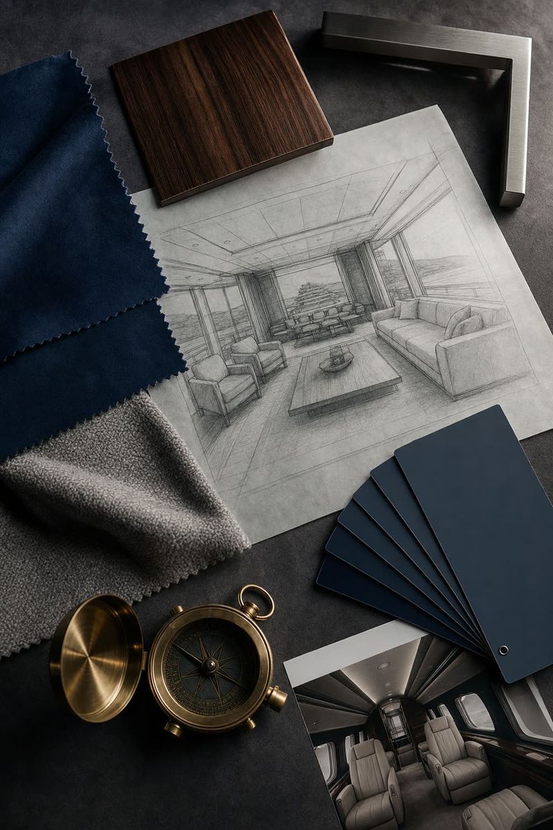 Yacht and jet interiors mood board with leather, walnut, and a technical sketch